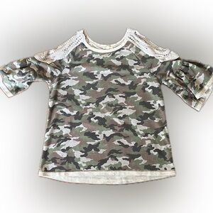 Oddly | Camo Cold Shoulder Top crochet detail bell sleeves